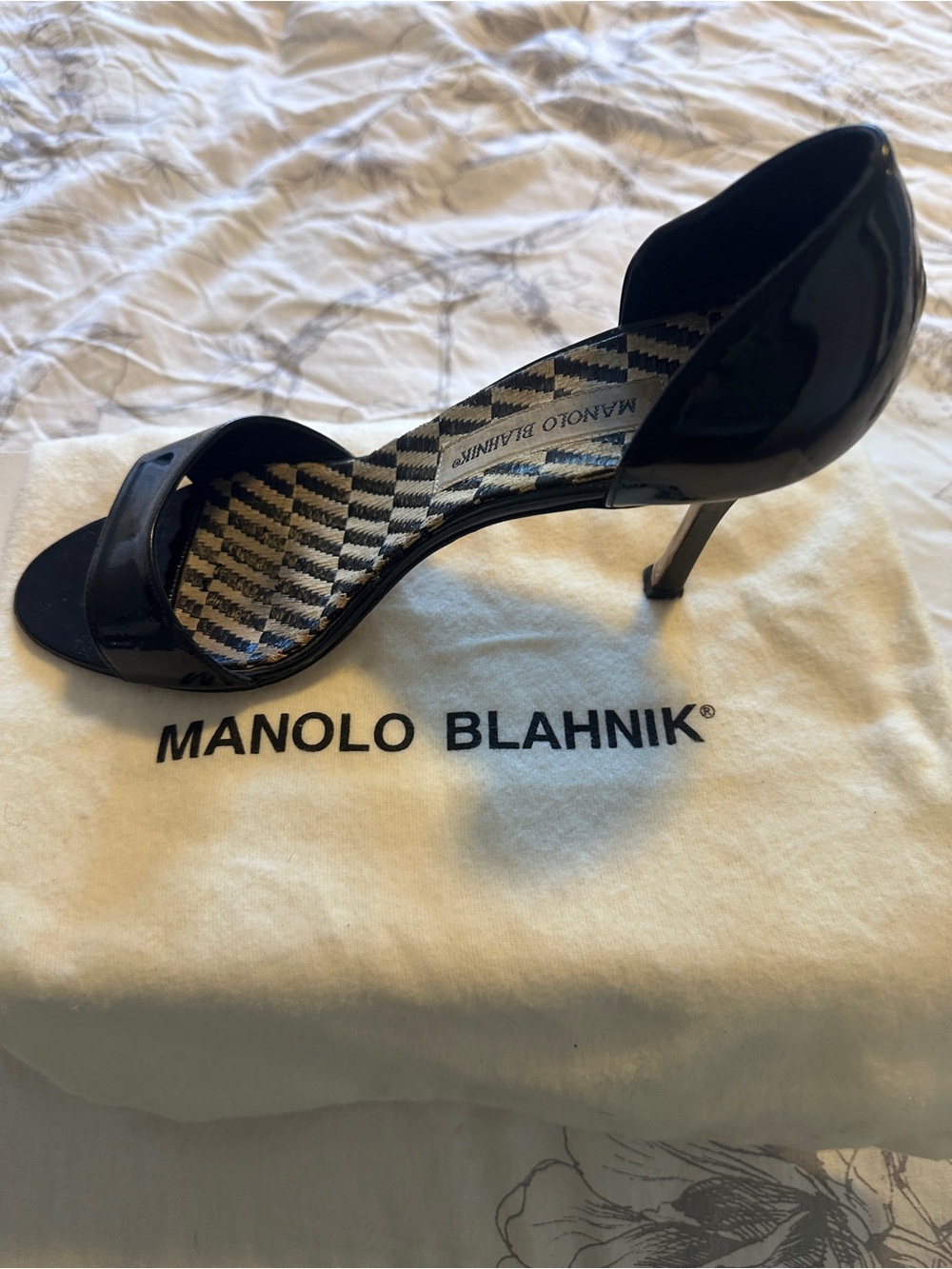 Manolo Blahnik Black Patent Leather D'Orsay Open-Toe Heels - Picture 6 of 9